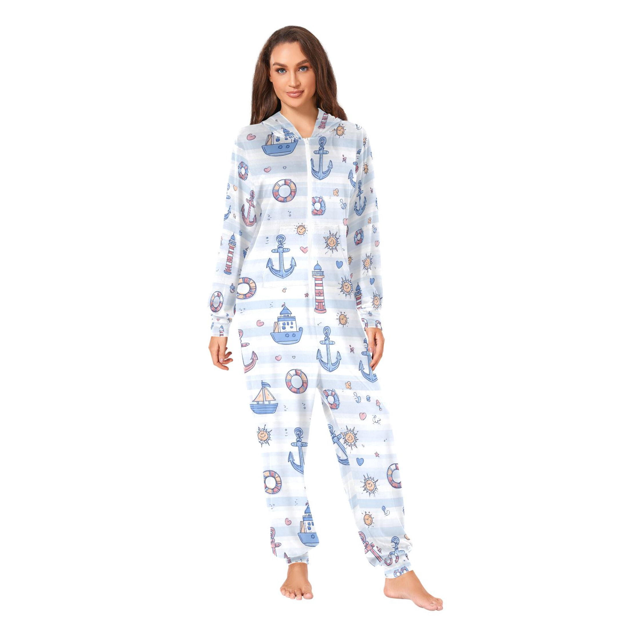 Adult Christmas Onesie Anchor and Lighthouse Adult Zipper One-Piece Pajamas Unisex Pajamas with Pockets