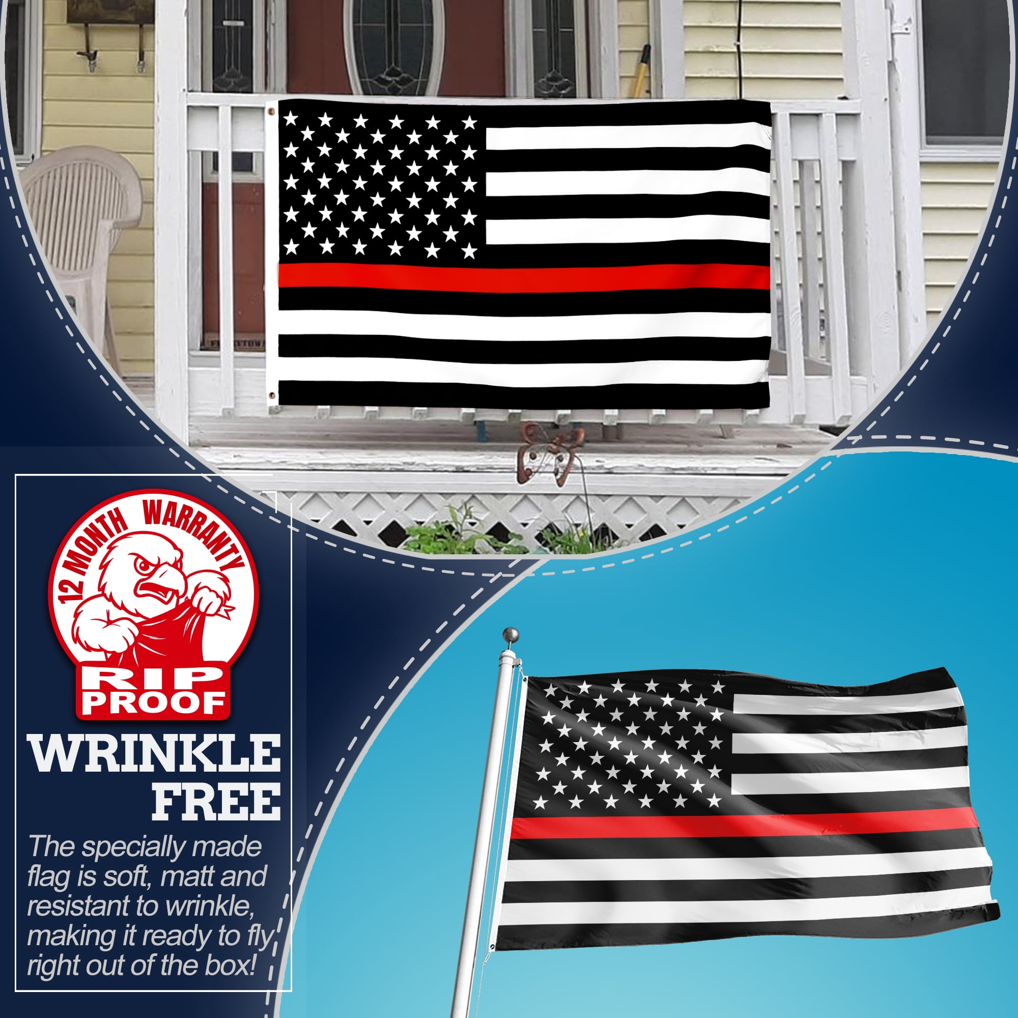 Anley Rip-Proof Double Sided 3-Ply Thin Red Line USA Flag 3x5 Foot - American Honoring Firefighter Flags