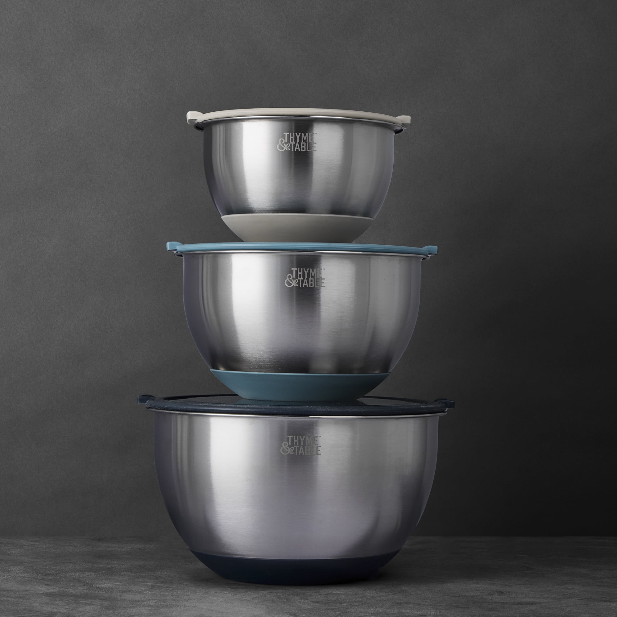 Thyme & Table 6-Piece Nesting Mixing Bowl Set with Easy Grip Transparent Lids - Blue