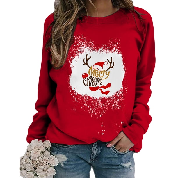 Top de suéter con estampado navideño de manga larga con cuello redondo para mujer primavera otoño Pompotops FGAJ10231