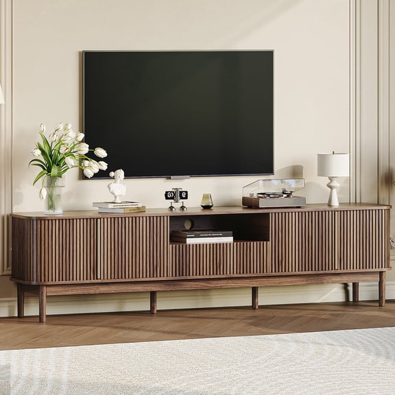 86.6" W Fluted TV Stand for 75/80/85 Inch TVs, Mid Century Modern Entertainment Center with Large Storage Space & Open Shelves, Walnut TV Console with Sliding Doors for Living Room, Bedroom
