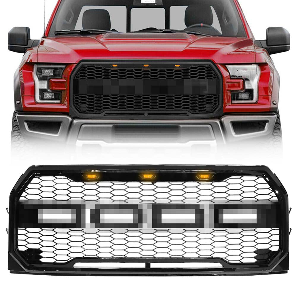 Front Grill for 2018 2019 FORD F150 Raptor Style With Amber LED lights and F&R Letters Black