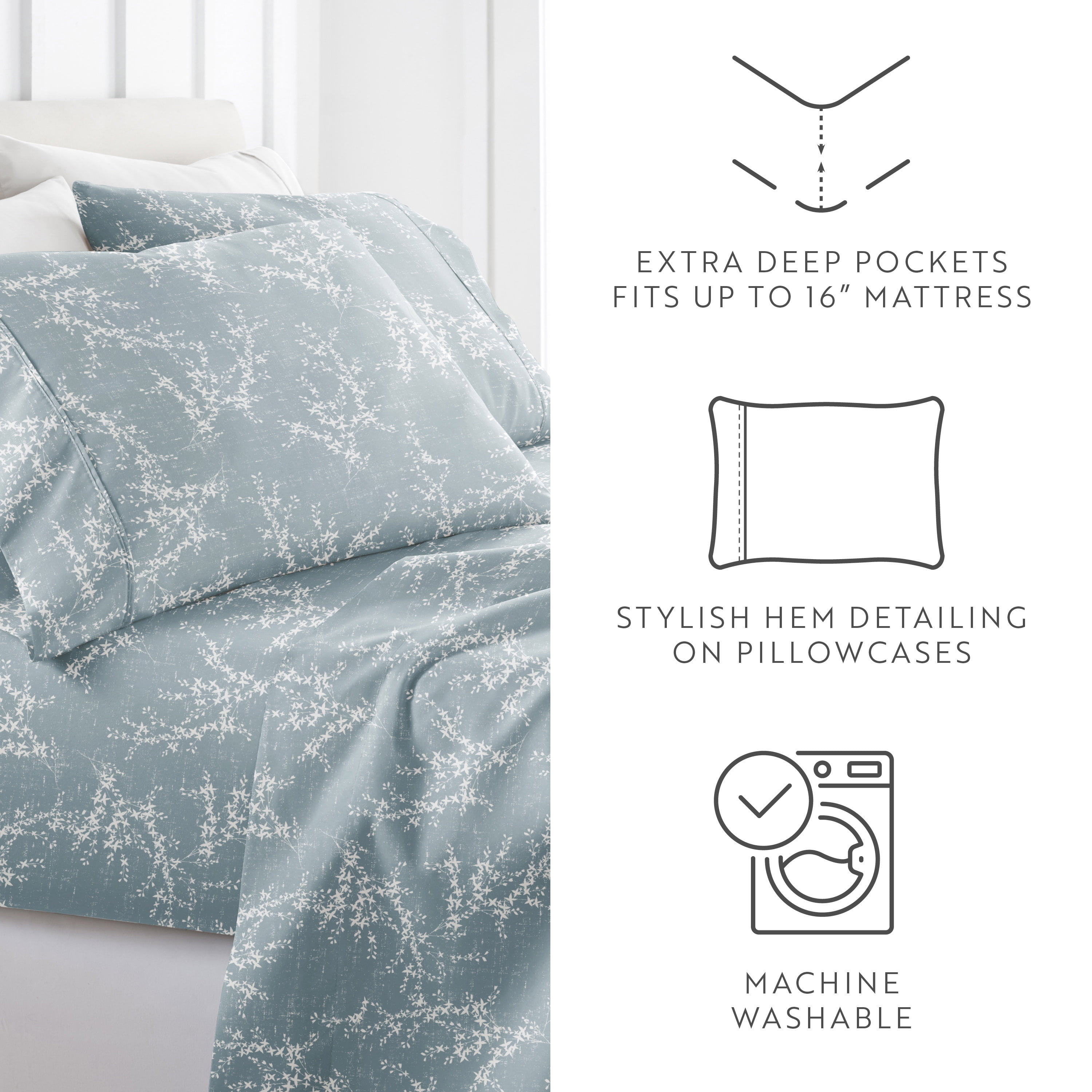 Noble Linens 3 Piece Pattern Microfiber Bed Sheets Set, Distressed Willow Light Blue, Twin