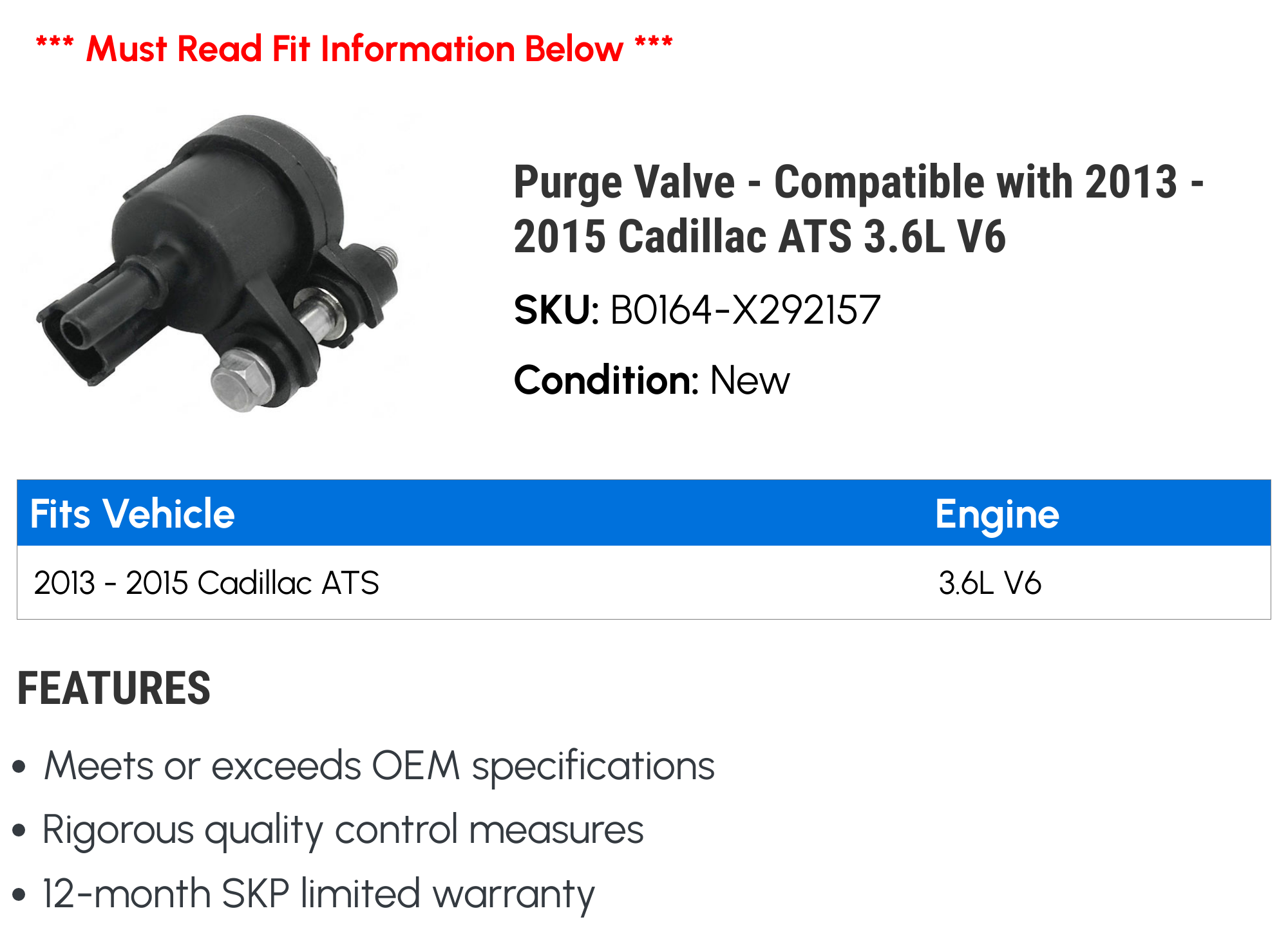Purge Valve - Compatible with 2013 - 2015 Cadillac ATS 3.6L V6 2014