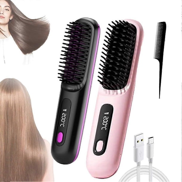 Cepillo alisador de pelo inalámbrico con cerdas calefactables, 2 en 1, alisador y rizador para todo tipo de cabello, negro y rosa.