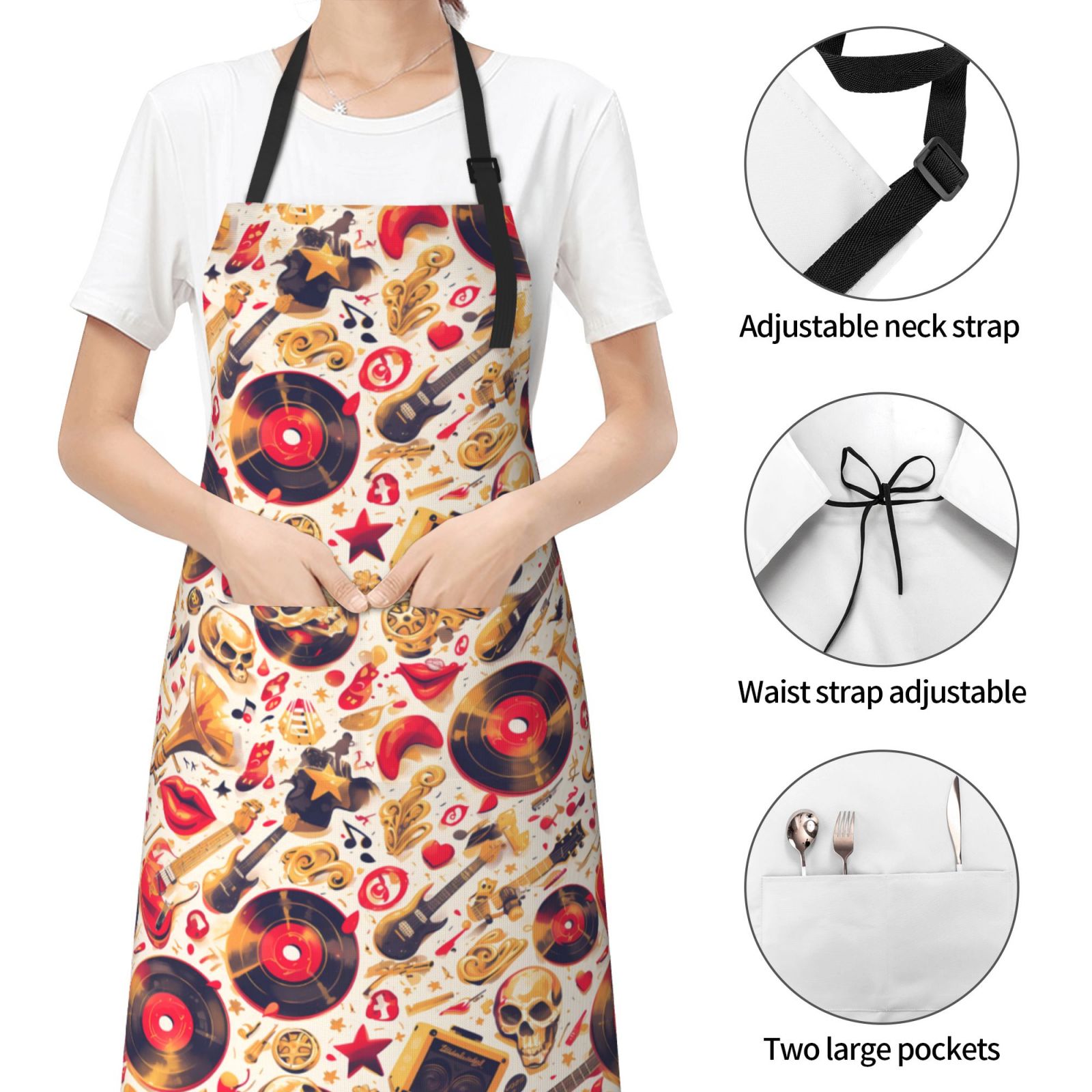 Kdxio gold Skull Guitar record Apron with Pockets Adjustable Kitchen Aprons for Men Women Waterproof Aprons for Cooking,Drawing,Crafting, Baking Household Cleaning
