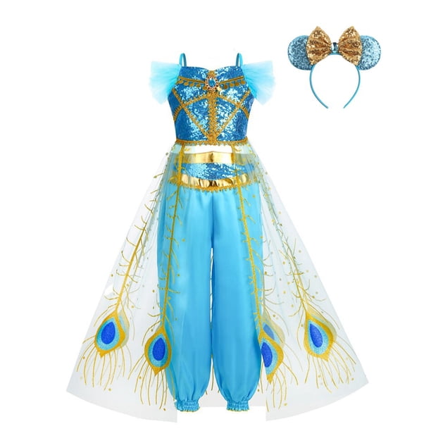 Vestido de princesa para niñas, disfraz de jazmín para niñas, vestido de princesa de Aladino, fiesta de cumpleaños, Cosplay, ropa de carnaval de fantasía 5-6T(130) Gao Jinjia LED