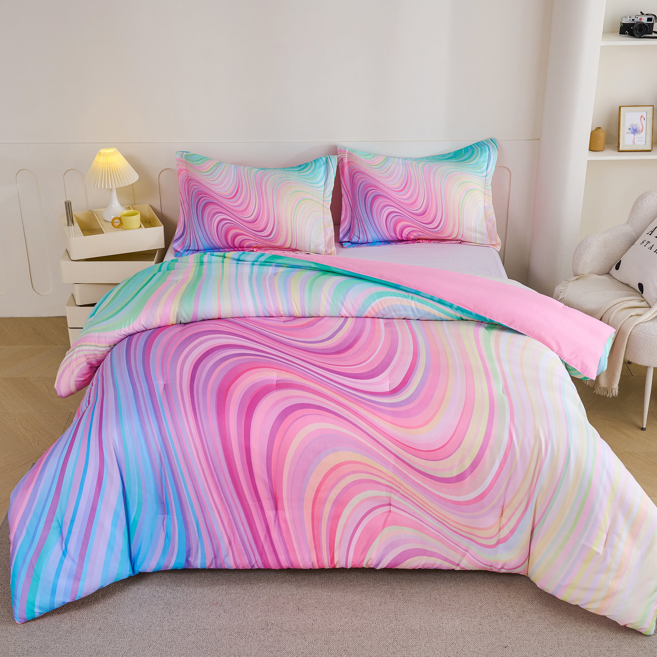 Koniroom 3-Piece Girls Pastel Swirl Rainbow Comforter Set Full Size, Blue Pink Purple, Kids Bedding Set