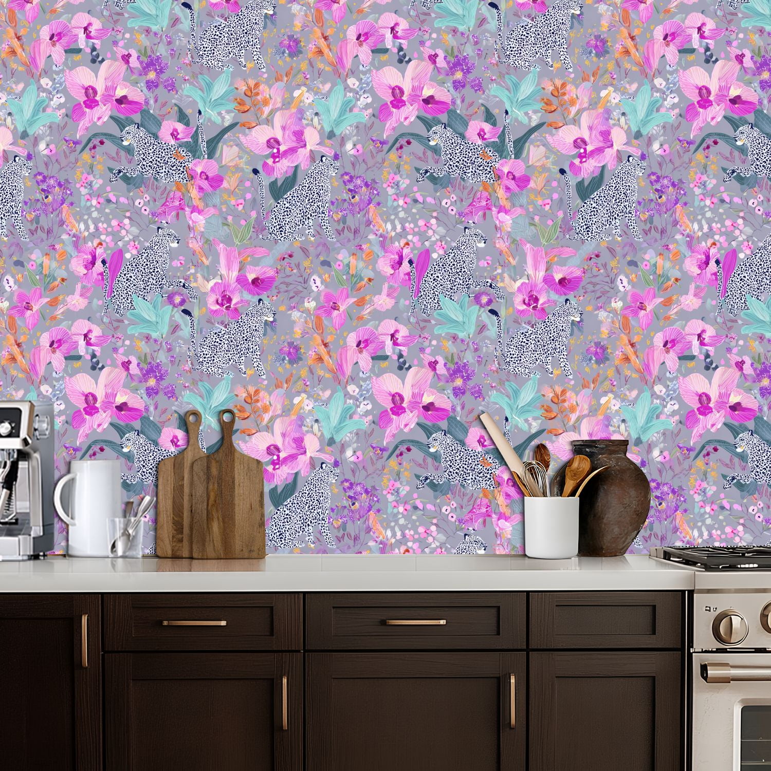 Cheetah Peel and Stick Wallpaper 17.7in x 9.8ft Leopards Among Tropical Orchid Flowers Pink Purple Contact Paper Vinyl Waterproof Self Adhesive Wall Paper for Bedroom Shelf Cabinet Renter Friendly