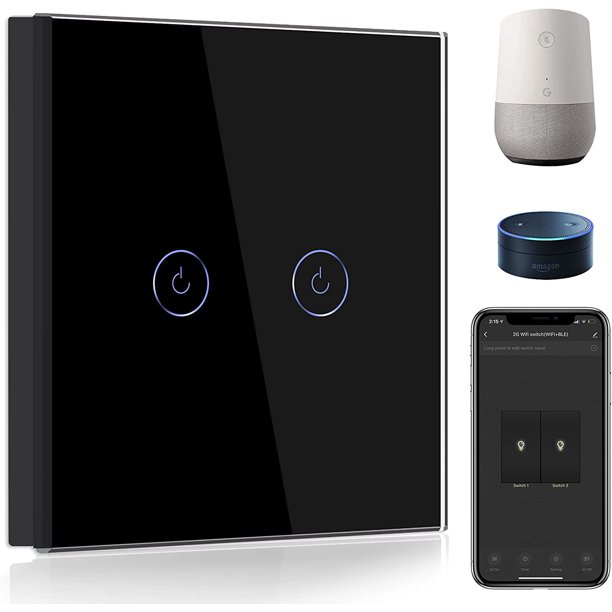 Interruptor de luz conectado WiFi, interruptor de palanca inalámbrico negro con pantalla táctil, interruptor táctil de pared WiFi de 2 vías de 2 vías, compatible con Alexa y Google Home (se requiere línea neutral) Kuyhfg Sin marca