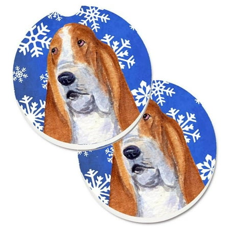 

Basset Hound Winter Snowflakes Holiday Set of 2 Cup Holder Car Coaster
