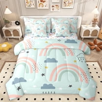 Homewish Cartoon Rainbow 7 Pieces Bedding Comforter Set For Kids Boys Girls,Stars Print Full Bedding Set Lightweight,Dreamy Princess Fitted Sheet Flat Sheet,Microfiber Bedroom Decor,Reversible