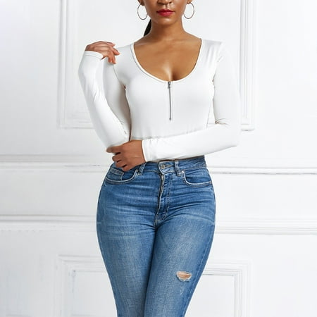 

Women Bodysuit Top Round Neck Long Sleeve Basic Slim Fit Solid Shapewear T-Shirt