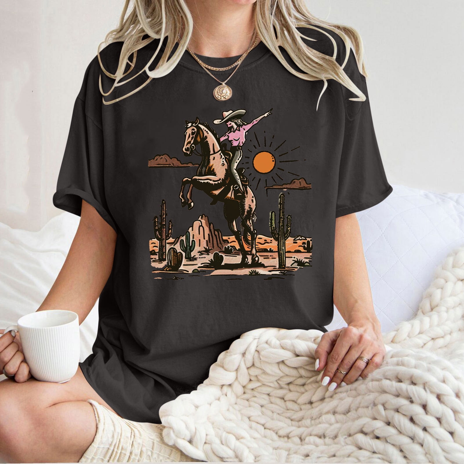 Women's Western Graphic Tee - Vintage Cowboy Bull Skull Short Sleeve Top - View #5
