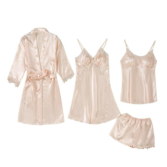 Women's Sleepwear 4pcs Silk Satin Pajama Set Sexy Lace Cami Top Nightgown Shorts Nightwear Robe Sets Plus Size Satin Pjs Sets