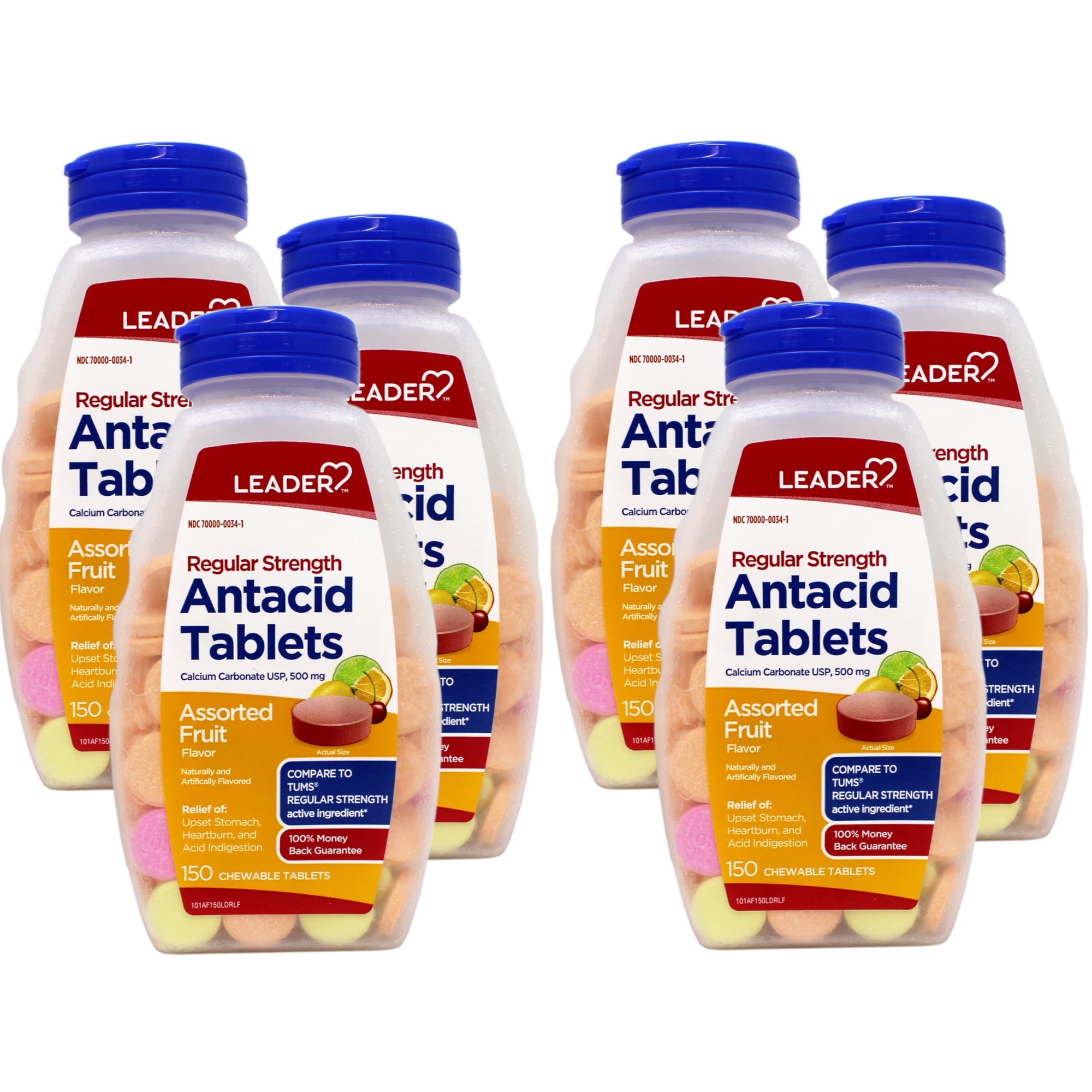 6 Pack - Leader Regular Strength Chewable Antacid Tablets for Heartburn Relief and Acid Indigestion Relief, Calcium Carbonate 500mg, Assorted Fruit, 150 Count