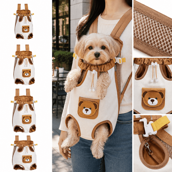 Cat Front Carrier Backpack Cute Bear Design for Dogs and Cats, M Size Breathable Leg-Out Pet Chest Carrier with Adjustable Straps Safety Leash & Secure Buckles, Hands Free Travel Bag for Walking