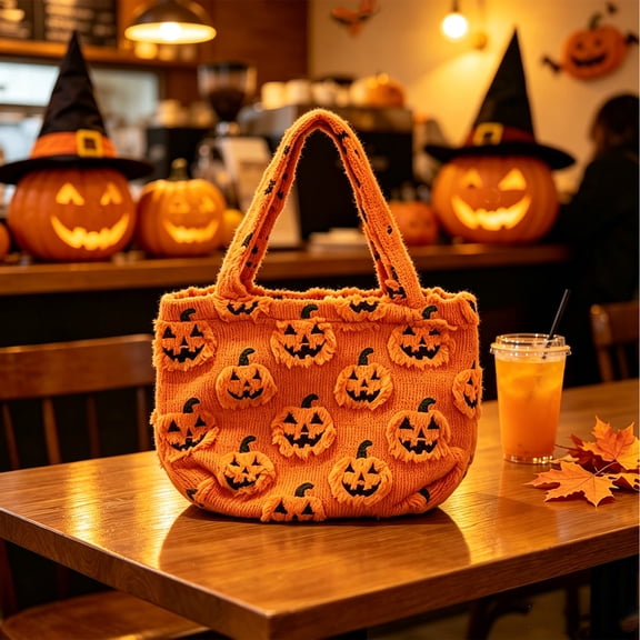 Fuzzy Pumpkin Tote Bag, Soft Orange Halloween Shoulder Handbag, Reusable Shopping Carryall with Plush Texture for Party Travel Daily Use and Fall Seasonal Decor, Orange