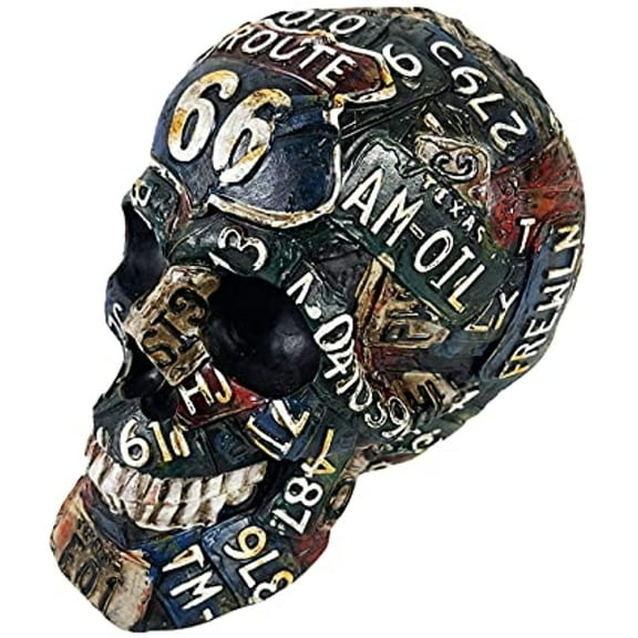 Urbalabs Route 66 Steampunk License Plate Statue Skeleton Head Creepy Figurine Skull Gothic Colorful Skulls Biker Automotive Gear Head Office Bar Living Room Decor