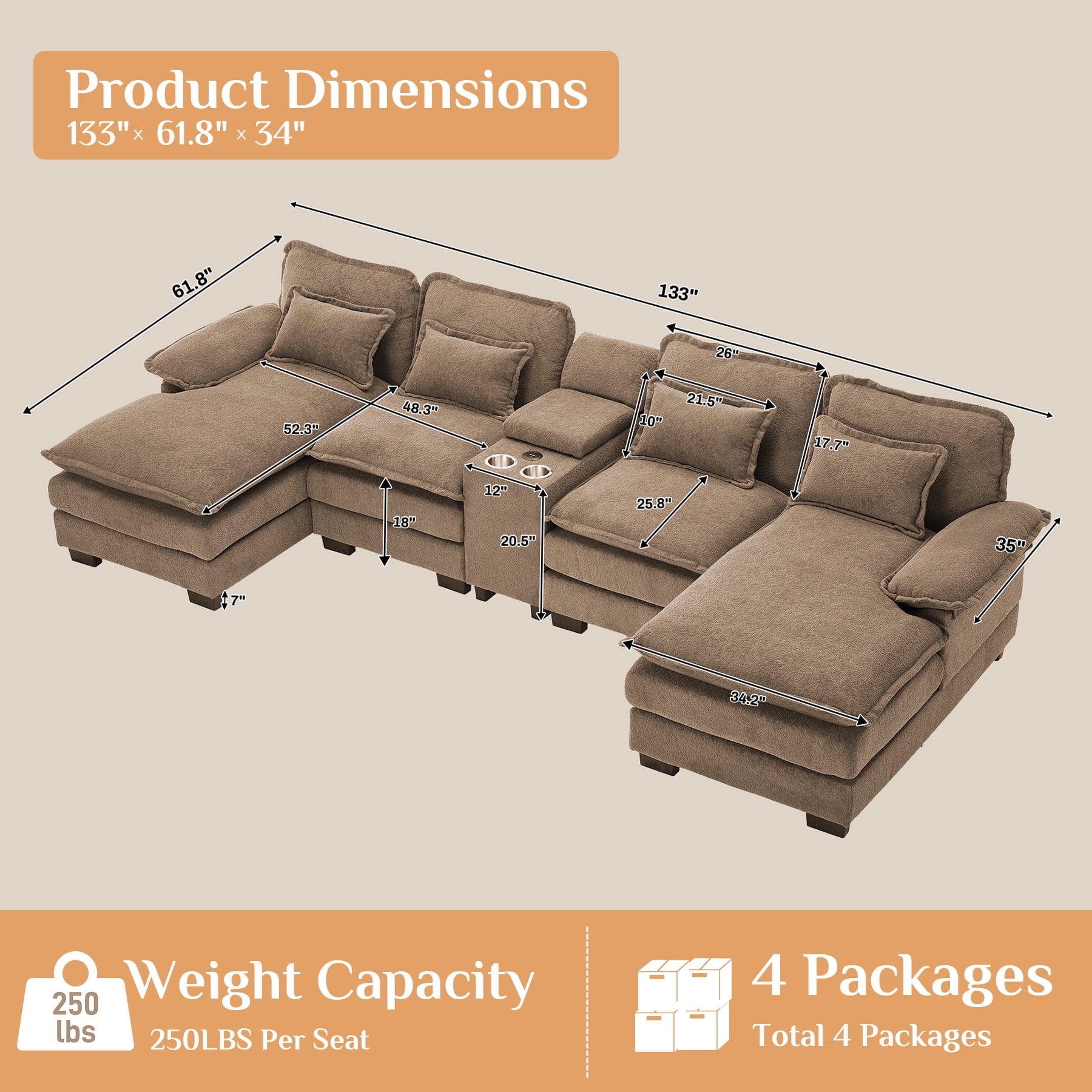 Wiilayok 133" U Shaped Cloud Couch Modular Sectional Couches for Living Room Fluffy Chenille Deep Seat Sofa Set with Double Chaise Lounge, Storage Central Console, Cup Holders, USB Port, Light Brown