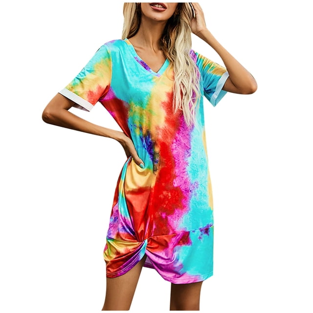 Yuyuzo Robes T-Shirts pour Femmes Manches Courtes Col en V Mini Robe Ourlet Froncé Couleur Dégradée Robes Courtes Décontractées
