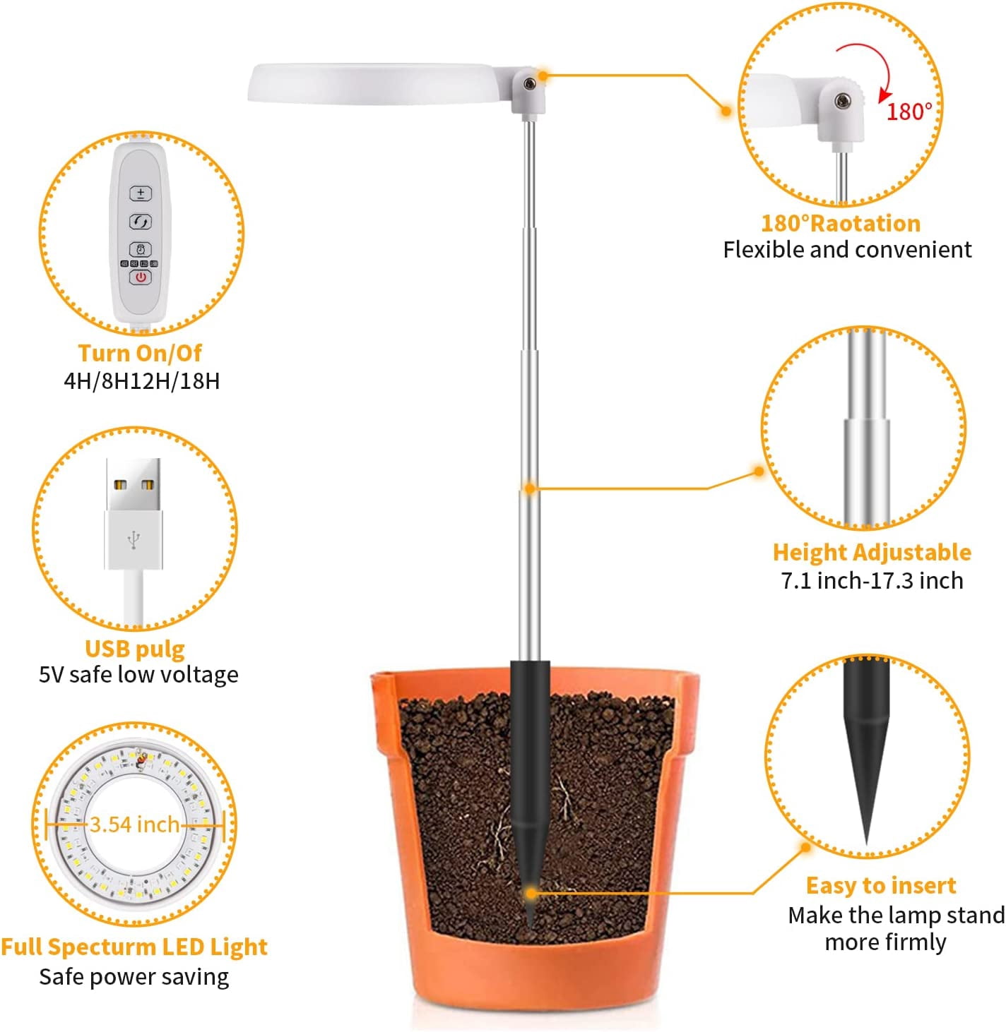 JUHEFA Grow Light, 17.6" Adjustable LED, 5V, Height Adjustable Timer Indoor Plant Light