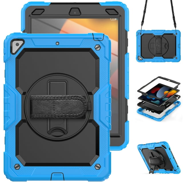 Case for iPad Air 3rd Generation 2019/iPad Pro 10.5 Inch 2017 with Screen Protector, 360 Degree Rotating Kickstand Hand Strap Heavy Duty Shockproof Cover with Shoulder Strap, Sky Blue