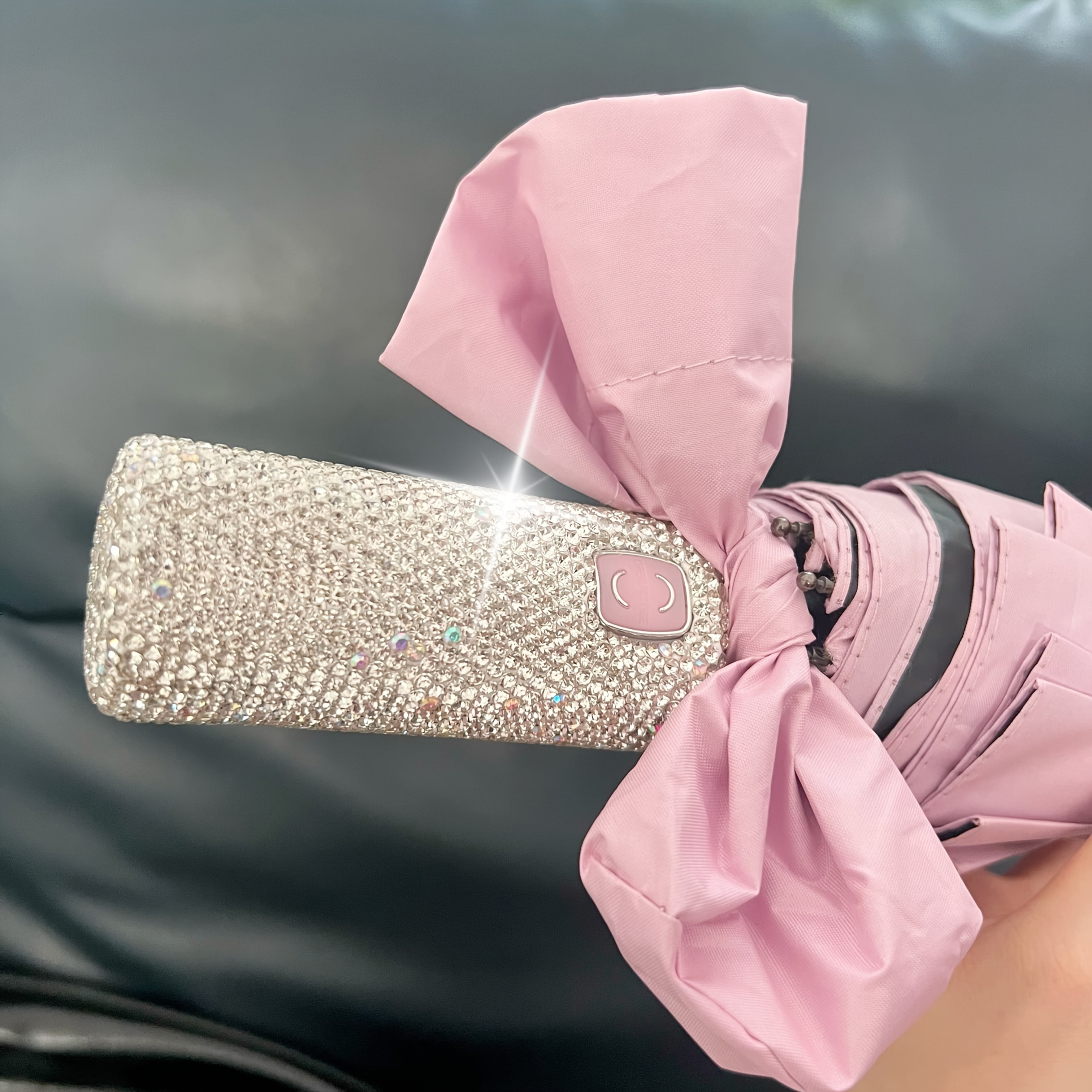 Sparkling Rhinestone-Decorated Pink UV Protection Automatic Open Compact Foalding Umbrella with Elegant Bow Handle - 10-Rib Durable Lightweight Portable Design for Women, Casual & Formal Use