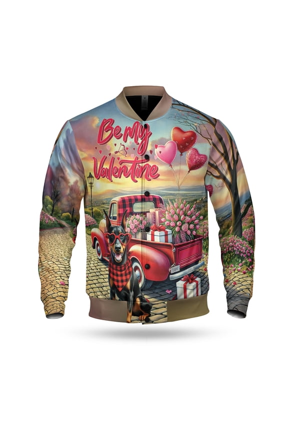Be My Valentine's Doberman Pinscher Truck Full of Love Flower Balloon All Over Print 3D Baseball Jacket Doberman Dog Lover Gifts Bomber Jacket Softball - 02029