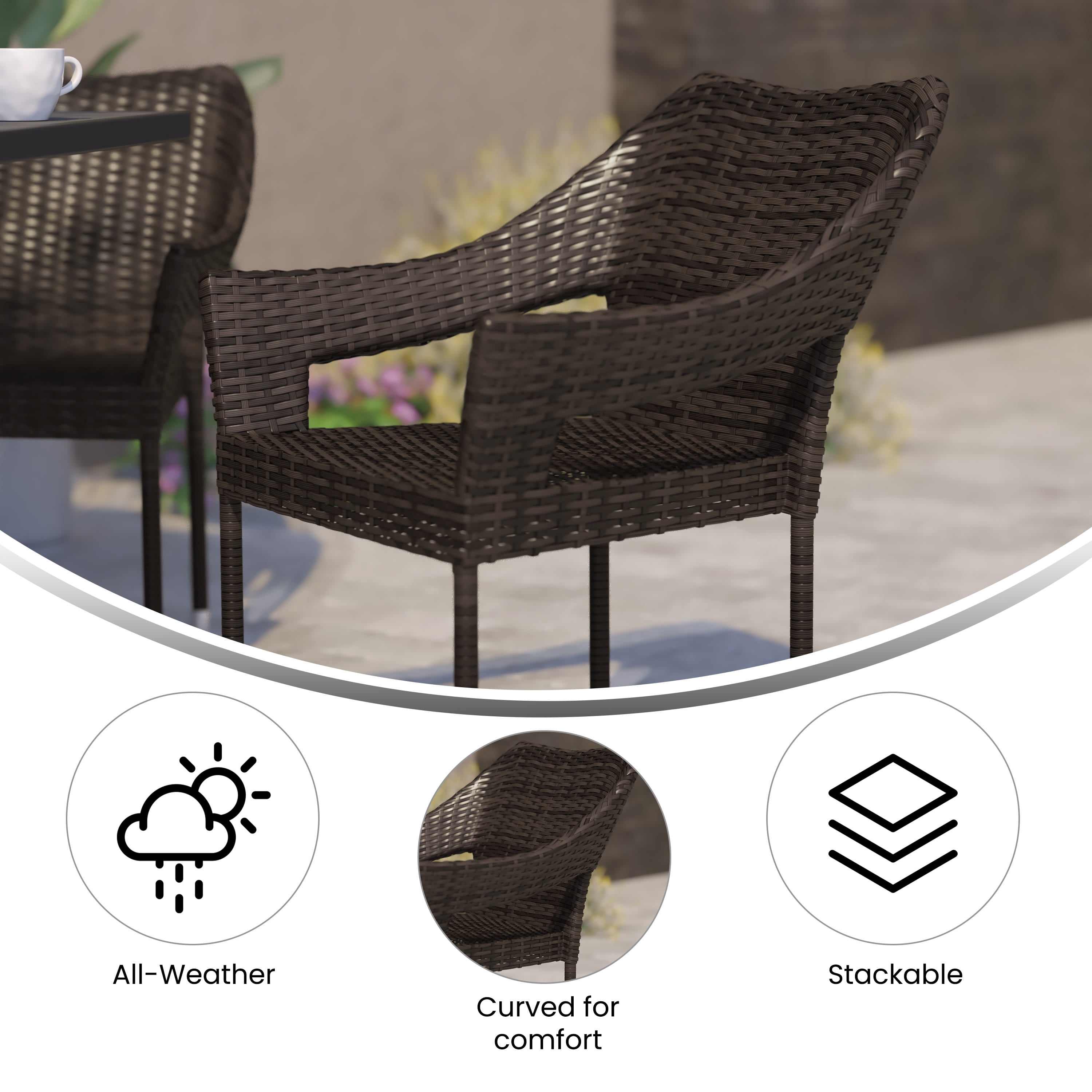 BizChair Commercial Grade Stacking Patio Chair, All Weather PE Rattan Wicker Patio Dining Chair in Espresso