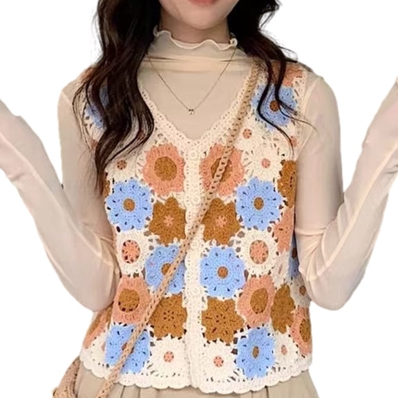 Women Vintage Hollow Out Crochet Knit Floral Sleeveless Cardigan V-Neck Button Front Sweater Vest Crop Top Waistcoat