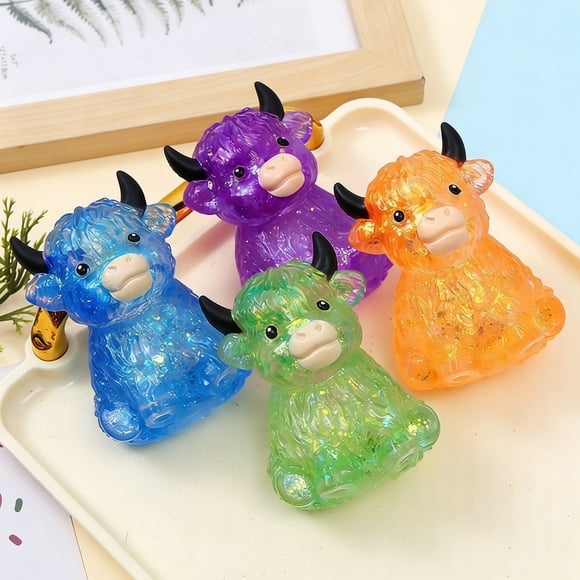 Jouet à Presser Vache Highland à Paillettes, Remontée Lente, Boule Anti-Stress de Bétail Claire, Anti-Anxiété, Forme d'Animal Douce, Jouet Fidget pour Bureau à Domicile