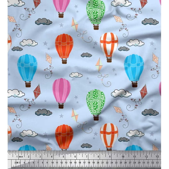 Soimoi Blue Poly Georgette Fabric Cloud & Hot Air Balloon Holiday Print Fabric by the Yard 42 Inch Wide