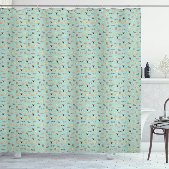 Flip Flop Shower Curtain, Flat Design Illustration Summer Beach Elements Waffle Cone Ice Cream, Fabric Bathroom Set with Hooks, 69W X 84L Inches Extra Long, Pale Blue Salmon Peach, by Ambesonne