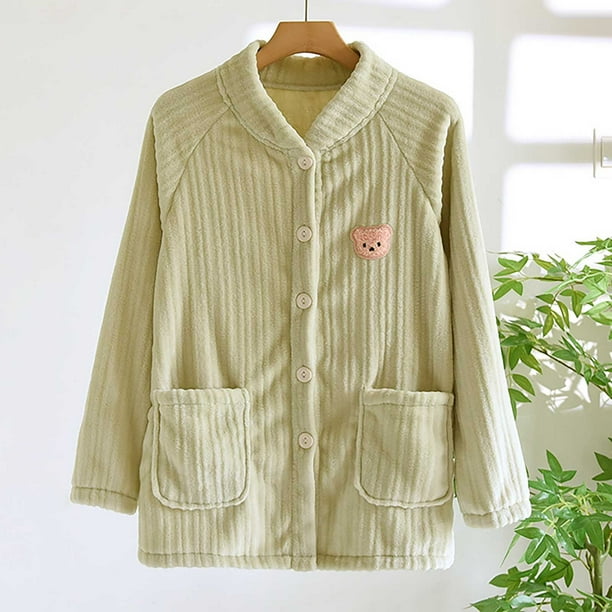 Pijama de manga corta para mujer, de color liso, de franela gruesa, cálido e informal, para el hogar, de manga larga, de poliéster.