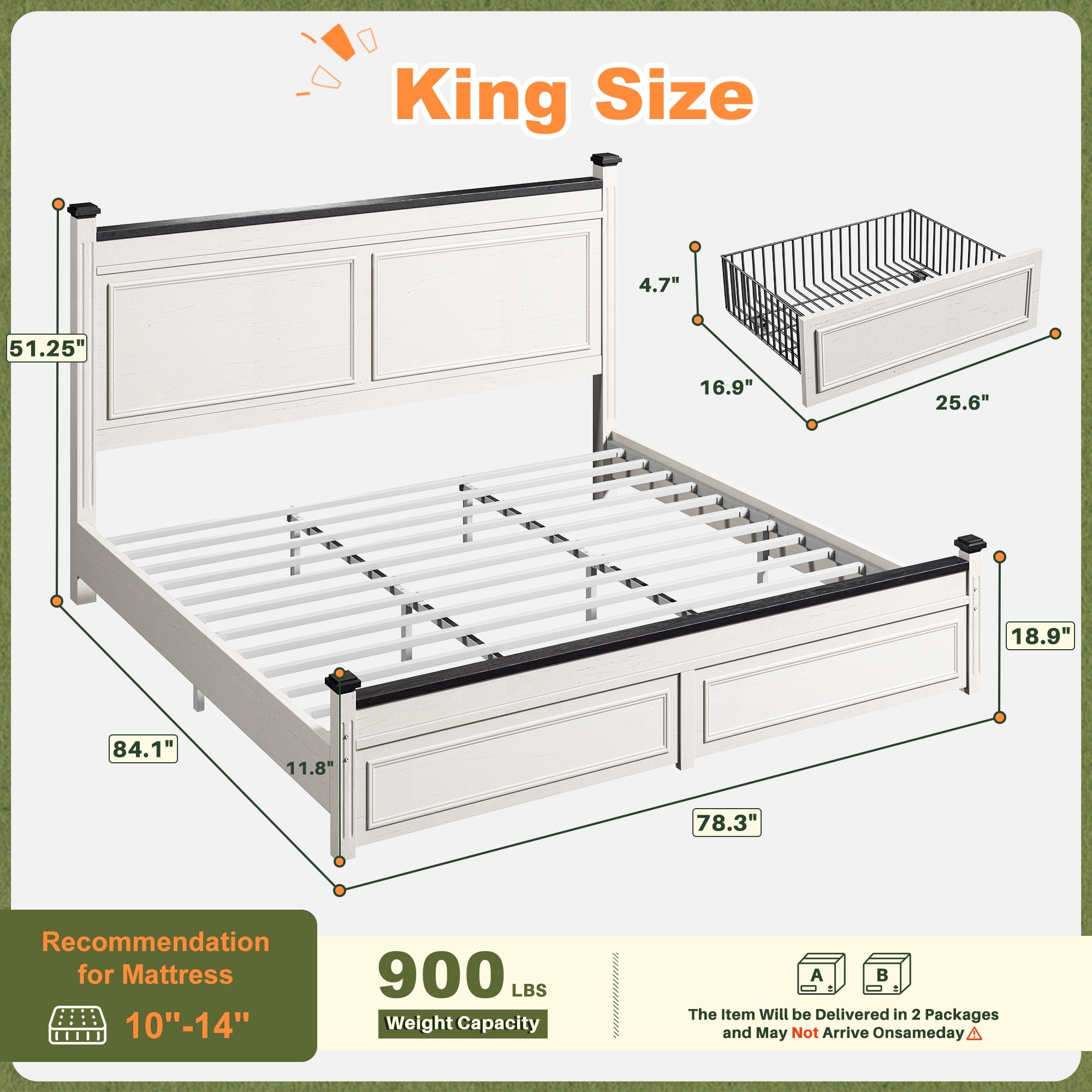King Size Bed Frame with 2 Storage Drawers Farmhouse  Wood Bed Frame with Storage &  Tall Headboard,White