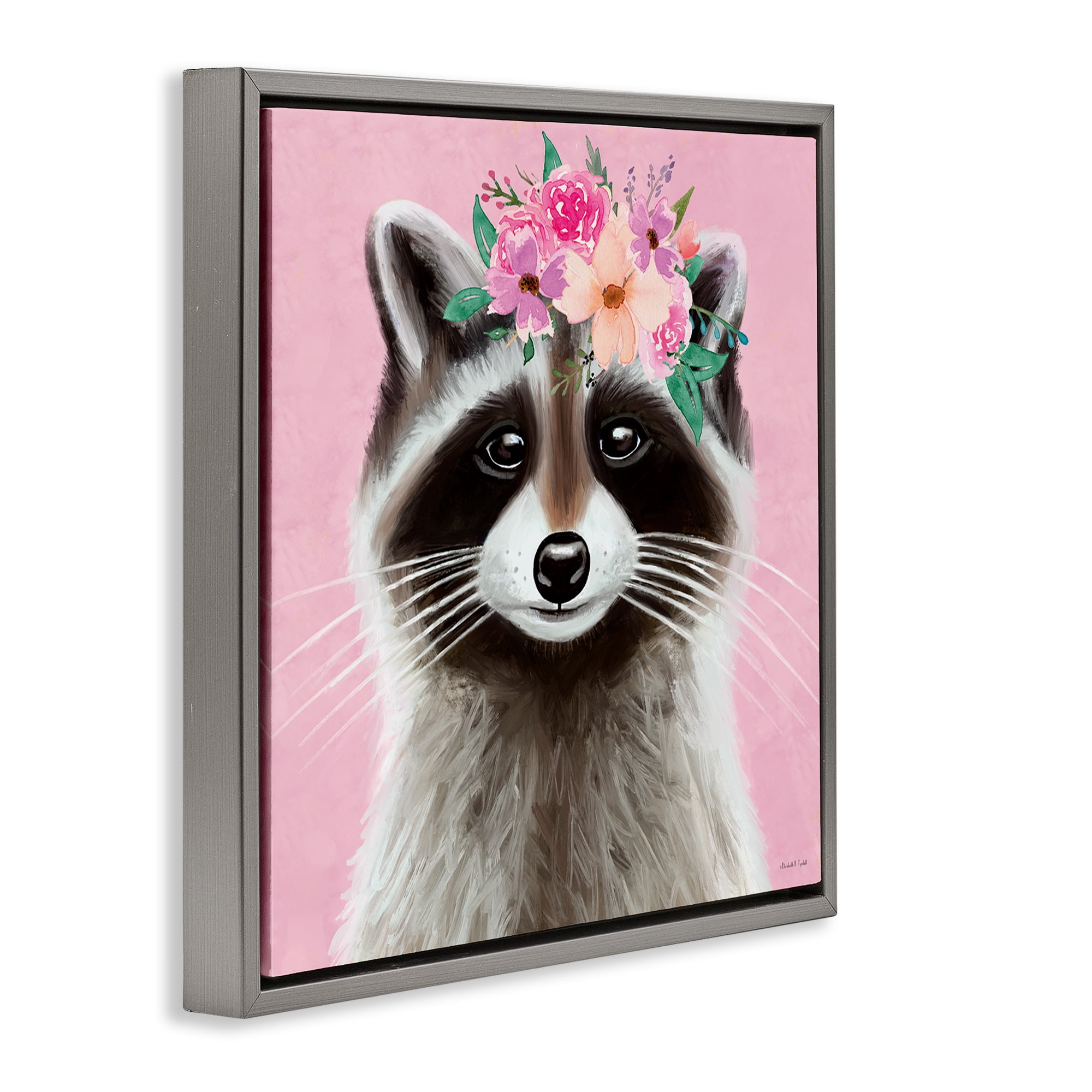 Stupell Industries Pink Florals Raccoon Animals & Insects Painting Gray Floater Framed Canvas Art Print Wall Art, 25 x 25