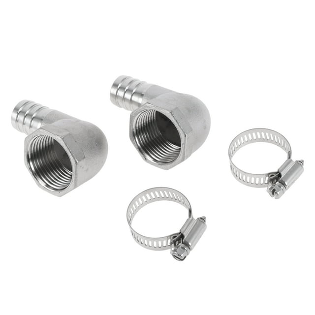 Accesorios de manguera Barb de Bargains Únicos para aire, agua, aceite, gas, combustible, unión de codo de 90 grados, tono plateado con 2 abrazaderas, 1 juego de 25/32" OD, 1" BSPT, acero inoxidable