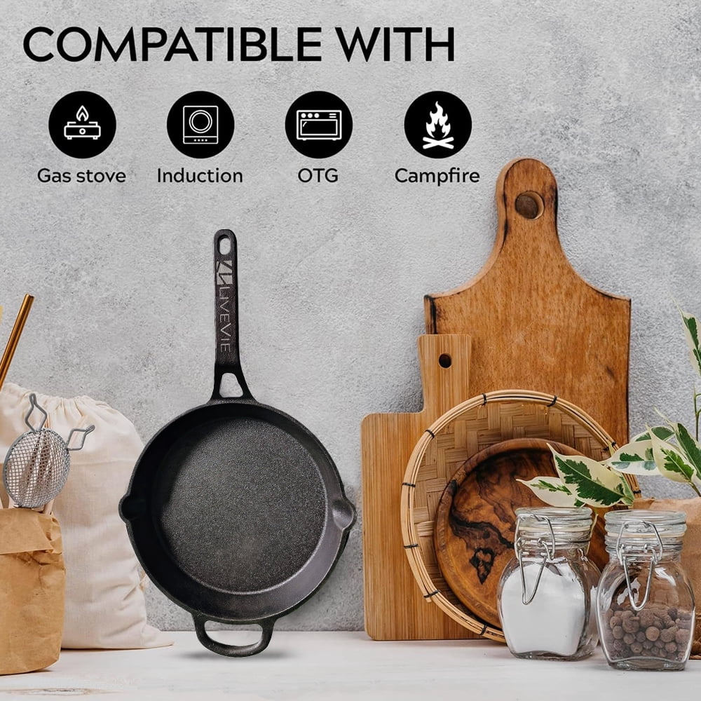 Cast Iron Griddle Pan (Tawa) with Long Handle, Pre-Seasoned Flat Skillet for Roti, Dosa, Pancakes, Tortillas, Heavy-Duty Shallow Frying Pan for Gas, Grill, or Open Fire, 10 Inch