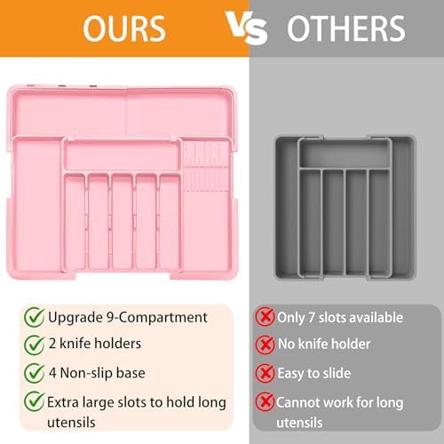 Silverware Organizer - Expandable Large Kitchen Drawer Organizer Utensil Organizer with 2 Knife Block Inserts, 22"x 19"Cutlery Tray with Drawer Dividers for Kitchen Flatware (Pink)