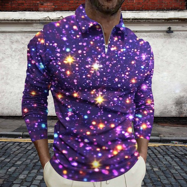 Blusa y camisa de manga larga con cuello vuelto para hombre, jersey de solapa de manga larga con cremallera, blusa informal con estampado BlingBling a la moda para hombre, poliéster