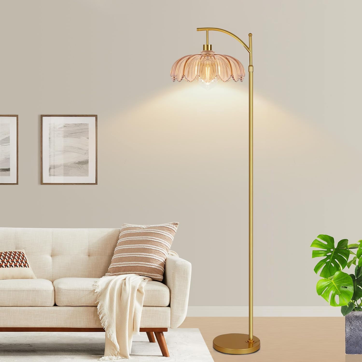 Vintage Floor Lamps For Living Room Glass Lamp With Remote Control & 3 Color Temperature Dimmable Mid Century Modern Standing Brass Tall Bedroom Corner
