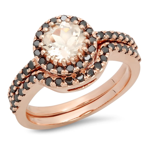 1.60 Carat (ctw) 18K Rose Gold Round Morganite & Black Diamond Ladies Bridal Halo Style Engagement Ring Set