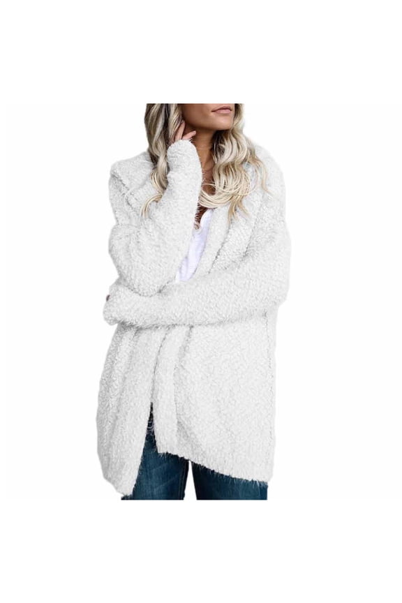 Cardigan Sweaters for Women Plus Size Long Sleeve Casual Tops Loose Hoodies Solid Fuzzy Winter Fall Open Front Coat White M