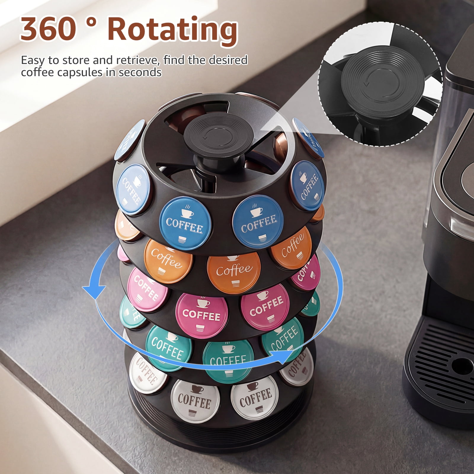 360° Turntable Coffee Pod Holder for 40 Capsule Rotating Organizer Coffee Pod Carousel Organizer Coffee Capsule Holder Coffee Pod Storage for Kitchen Counter Office
