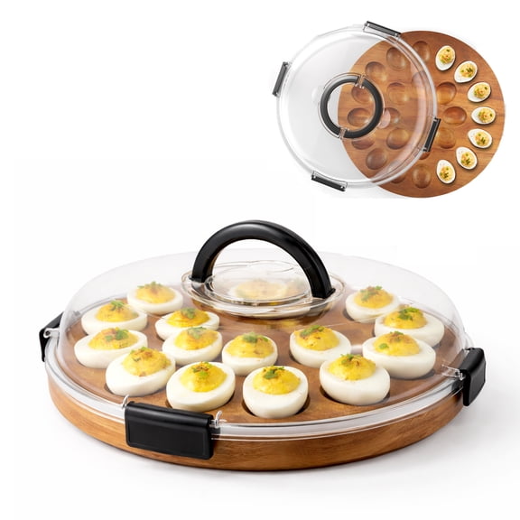 Wooden 24 Slot Deviled Egg Containers with Lid, Clear Deviled Egg Tray with Lid and Handle, Stackable Deviled Egg Platter with Lid for Fridge Storage, Portable Deviled Egg Carrier