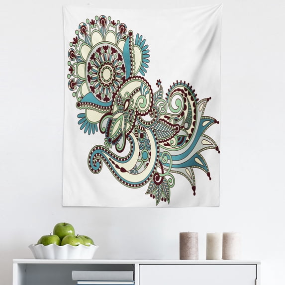 Ethnic Tapestry, Hand Drawn Traditional Flower Arrangement Ornate Design Vibrant Colors, Fabric Wall Hanging Decor for Bedroom Living Room Dorm, 5 Sizes, Dark Brown Green Blue, by Ambesonne