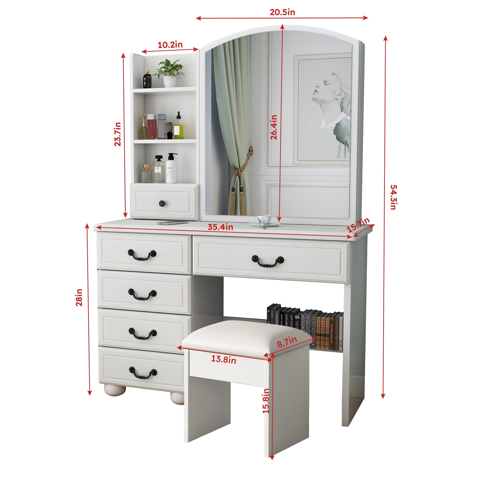 Mintazer Vintage Makeup Vanity Table with Arched LED Mirror, 5 Drawers & Open Side Shelves, Dressing Table with Cushioned Stool & Flip Storage Mirror Cabinet for Bedroom Apartments, White
