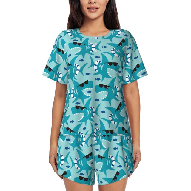 Xecao Shark Wearing Sunglasses Pattern Women's Short Sleeve Pajama Set Soft Sleepwear Lounge Set with Button Front Top and Drawstring Shorts with Pockets-Medium
