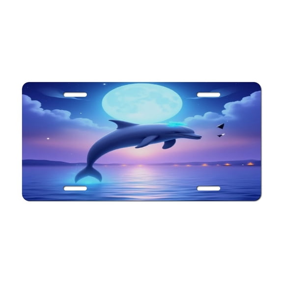Moonlit Dolphin Leap Car Decorative Front License Plate,Vanity Tag,Metal Car Plate,Aluminum Novelty License Plate for Men/Women Car,6 X 12 Inch